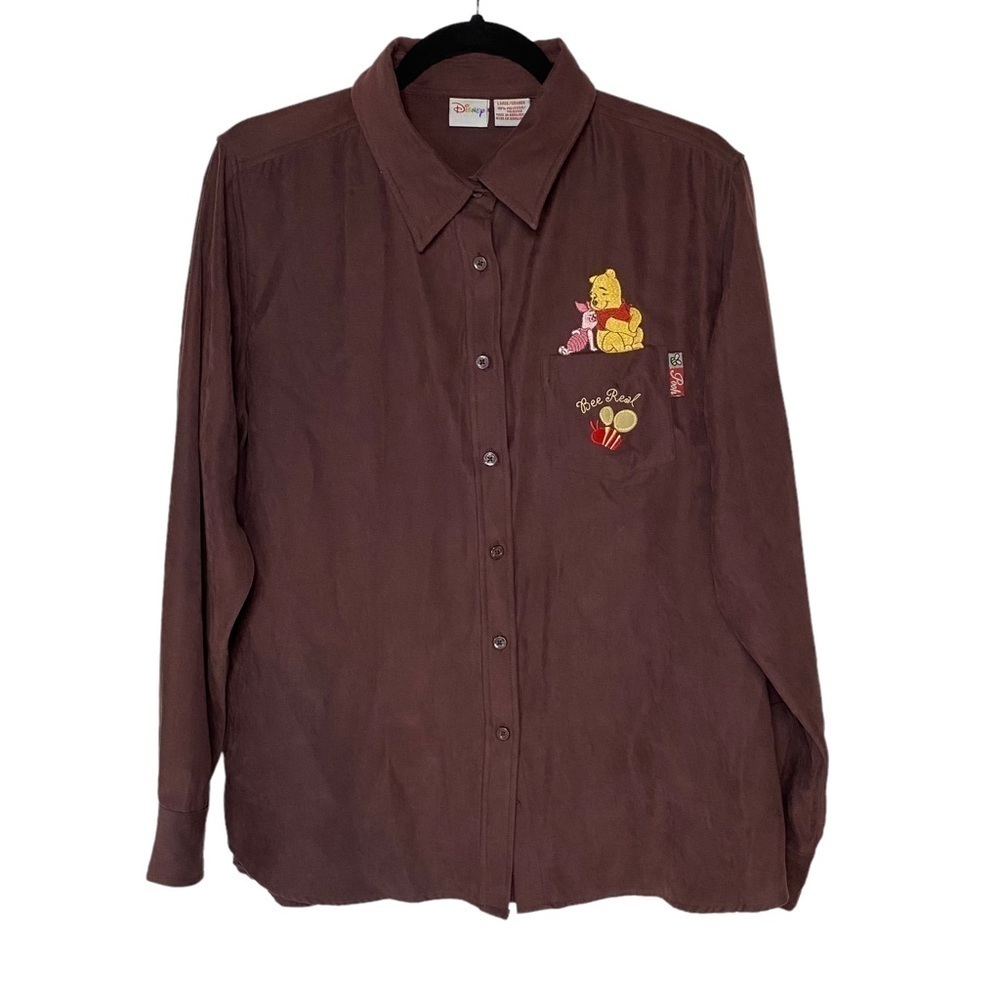 Disney Winnie The Pooh Piglet Be Real Brown Button Up Embroidered Shirt Large